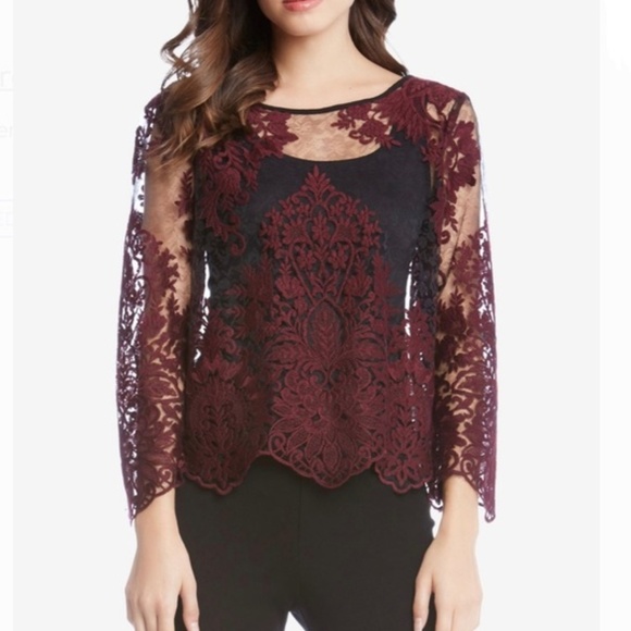 Karen Kane Tops - Karen Kane Burgundy Sheer Lace Top